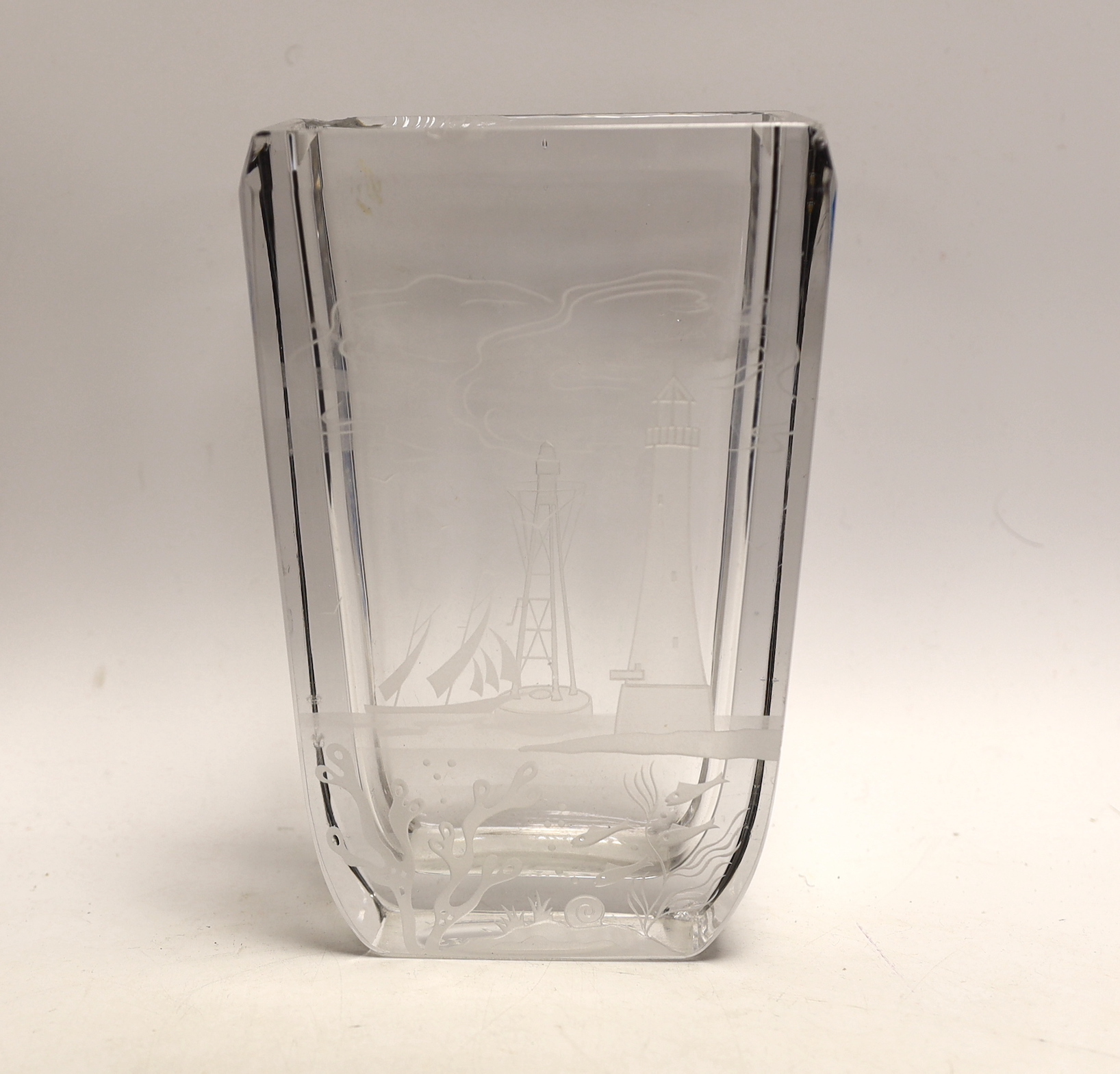 A rectangular glass vase engraved with a scene of a lighthouse and seascapes, engraved dedication base, George Saul from Aga-Graham AH, 21cm